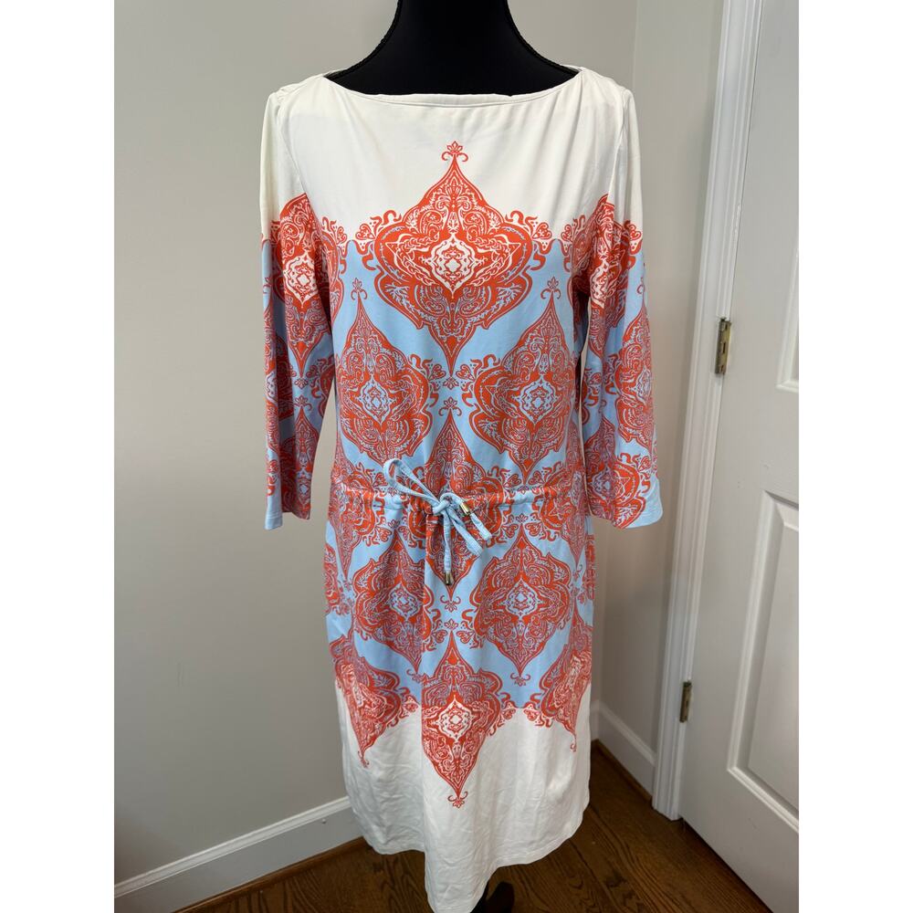 J. McLaughlin Drawstring Dress in Orange/Blue Damask on White Background